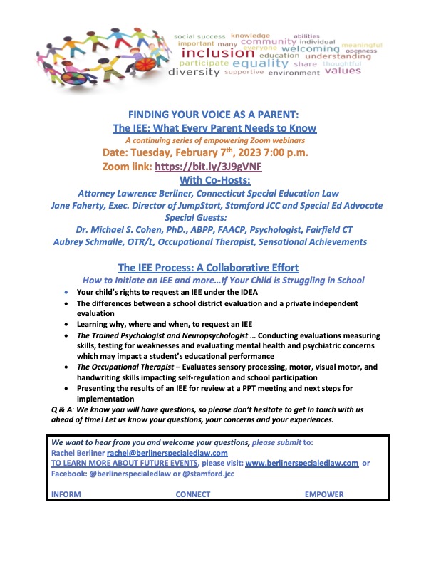 JPEG February 7th Webinar Flyer Independent Educational Evaluation IEE Stamford JCC