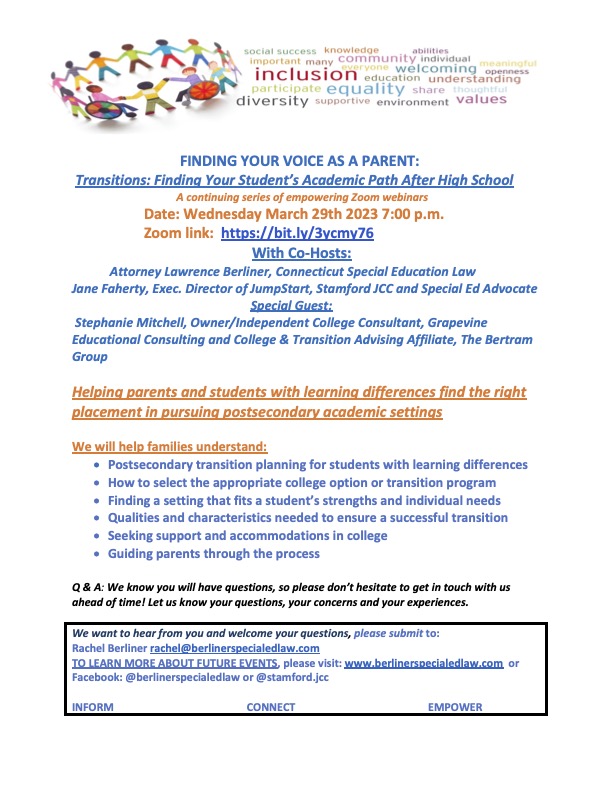 JPEG Flyer March 29th Webinar College and Postsecondary Transition Stamford JCC