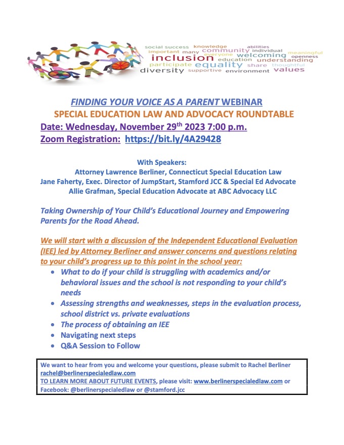 JPEG November 29th 2023 webinar flyer special education law and advocacy Stamford JCC