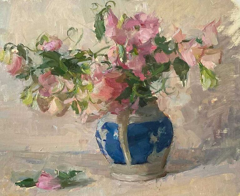Patricia Nebbeling Sweet Peas in Blue Jug 768x628